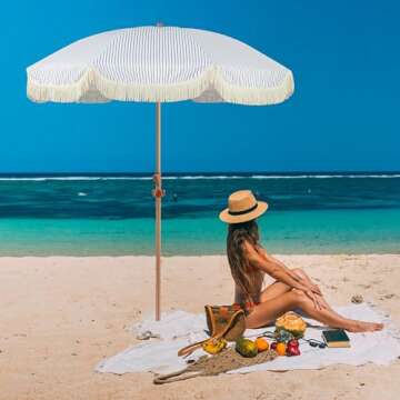 Seazul 6.5ft Patio Umbrella with Fringe, Beach Umbrella, Fringe Umbrella Outdoor Patio with Hanging Hook, Tilting Aluminum Pole, UV 50+, Fiberglass Ribs, Blue White Stripe