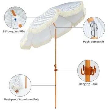 Seazul 6.5ft Patio Umbrella with Fringe, Beach Umbrella, Fringe Umbrella Outdoor Patio with Hanging Hook, Tilting Aluminum Pole, UV 50+, Fiberglass Ribs, Blue White Stripe