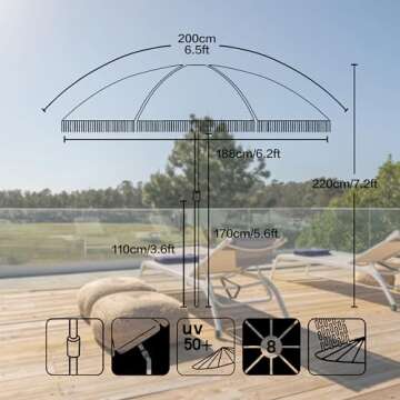 Seazul 6.5ft Patio Umbrella with Fringe, Beach Umbrella, Fringe Umbrella Outdoor Patio with Hanging Hook, Tilting Aluminum Pole, UV 50+, Fiberglass Ribs, Blue White Stripe