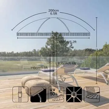 Seazul 6.5ft Patio Umbrella with Fringe, Beach Umbrella, Fringe Umbrella Outdoor Patio with Hanging Hook, Tilting Aluminum Pole, UV 50+, Fiberglass Ribs, Blue White Stripe