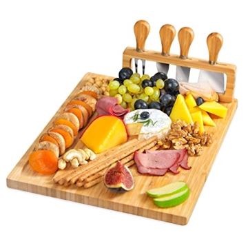 RoyalHouse Bamboo Cheese Board & Knife Set - Unique Charcuterie Serving Tray