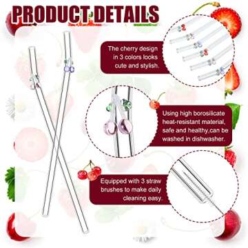 Reusable Glass Straws Set with Cherry Design for Drinks