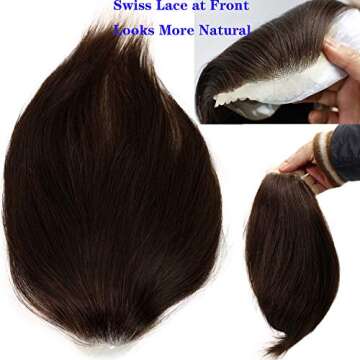 Voloria Men's Toupee 8inch Hairpieces 100% European Virgin Human Hair Replacement System Hair Topper Pieces for Men Swiss Lace Net with PU Base Size 4.33x6.69 inch1 (Dark Brown Color)