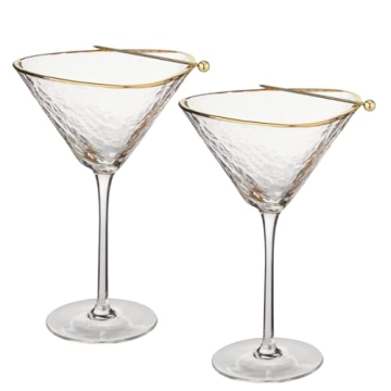 Sister.ly Drinkware Handmade Hammered Martini Glasses with Gold Rim - Gold Rimmed Martini Glasses Se...