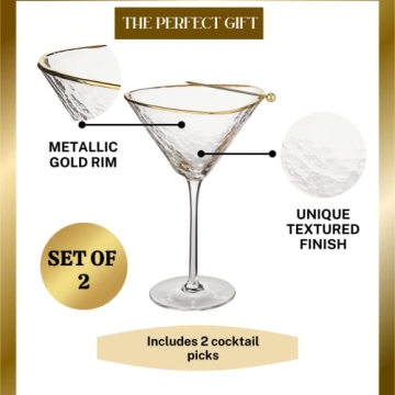Elegant Handmade Hammered Martini Glass Set with Gold Rim