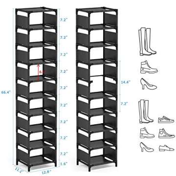 sunvito Shoe Rack 10 Tiers, Space Saving 10 Pairs Tall Shoes Organizer Shoe Shelves, Narrow Shoe Rack Stackable Cubby Storage for entryway,Closet,Cabinet,Bedroom,Garage,Wardrobe, Over Door,Hallway