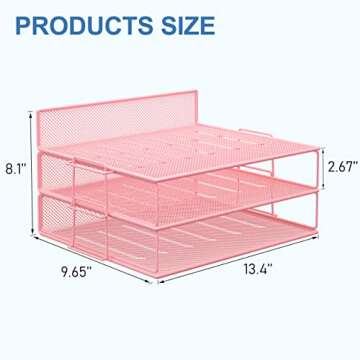 LUCYCAZ Stackable Paper Tray - Pink Desk Organizer, 2 Tier Paper Tray Letter Tray, 3 Trays Metal Paper Organizer for Desk, File Organizer for School Home and Office