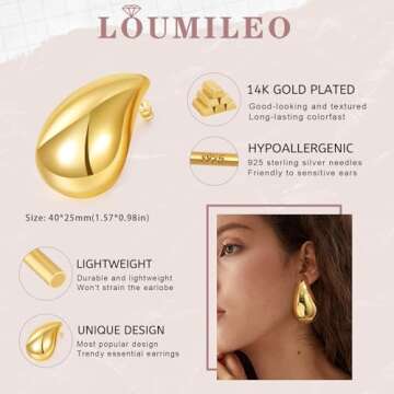 LOUMILEO Earring Dupes Large Chunky Gold Hoop Earrings 14k Gold Plated Waterdrop Teardrop Earrings Lightweight Gold Drop Earrings Trendy Gold Waterdrop Earrings for Women