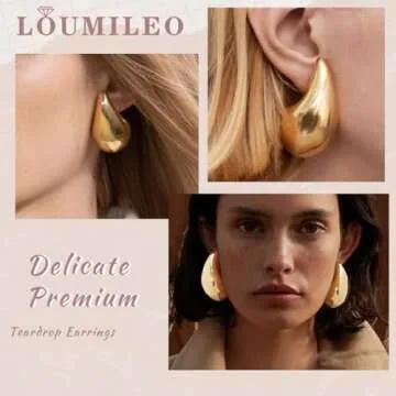 LOUMILEO Earring Dupes Large Chunky Gold Hoop Earrings 14k Gold Plated Waterdrop Teardrop Earrings Lightweight Gold Drop Earrings Trendy Gold Waterdrop Earrings for Women