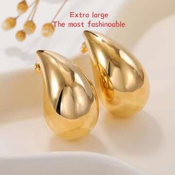 LOUMILEO Earring Dupes Large Chunky Gold Hoop Earrings 14k Gold Plated Waterdrop Teardrop Earrings Lightweight Gold Drop Earrings Trendy Gold Waterdrop Earrings for Women