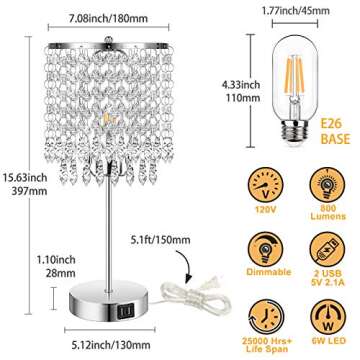 Set of 2 Crystal Touch Control Table Lamp, 3-Way Dimmable Bedside Lamps with Dual USB Charging Ports, K9 Crystal Shade Silver Nightstand Desk Light for Bedrooms Living Room, E26 6W LED Bulb Included
