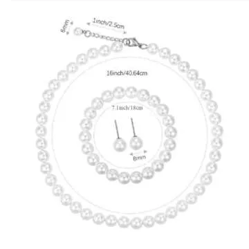LZMEI Elegant 8mm White Faux Pearls Jewelry Set - Necklace, Earrings & Bracelet