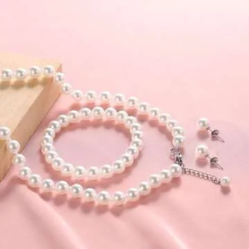 LZMEI 8mm White Faux Pearls Jewelry Set for Women and Girls