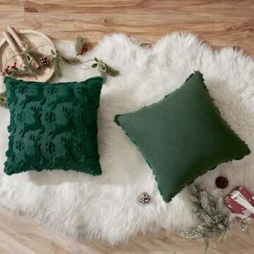 MIULEE Christmas Reindeer and Snowflakes Pillow Covers 18x18 Inch Dark Green Throw Pillows Set of 2 Decorative Soft Fluffy Winter Pillow Covers for Home Decors Couch Sofa Livingroom Bed