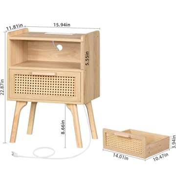 Lerliuo Rattan Nightstands Set of 2 with Charging Station, Boho Side Table with Drawer Open Shelf, Cane Accent Bedside End Table with Solid Wood Legs for Bedroom, Dorm and Small Spaces (Natural)