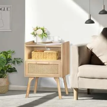 Lerliuo Rattan Nightstands Set of 2 with Charging Station, Boho Side Table with Drawer Open Shelf, Cane Accent Bedside End Table with Solid Wood Legs for Bedroom, Dorm and Small Spaces (Natural)