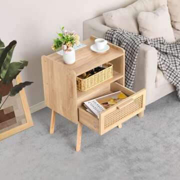 Lerliuo Rattan Nightstands Set of 2 with Charging Station, Boho Side Table with Drawer Open Shelf, Cane Accent Bedside End Table with Solid Wood Legs for Bedroom, Dorm and Small Spaces (Natural)
