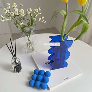 BLOFLO Klein Blue Acrylic Vase, Geometric Acrylic Flower Vase, Tall Wave Shaped Acrylic Vases for Flowers, Modern Flower Vases for Centerpieces, Contemporary Décor for Home Office Wedding