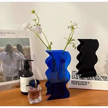 BLOFLO Klein Blue Acrylic Vase, Geometric Acrylic Flower Vase, Tall Wave Shaped Acrylic Vases for Flowers, Modern Flower Vases for Centerpieces, Contemporary Décor for Home Office Wedding