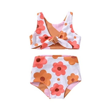 Toddler Baby Girls Two Piece Swimsuit Bikini Sleeveless Floral Heart Print Two Sided Swimwear Backle...