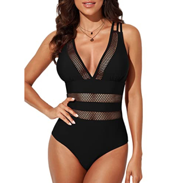 EVALESS One Piece Swimsuit Women Tummy Control Sexy Mesh V Neck Swimwear Summer 2025 Swimsuits High ...