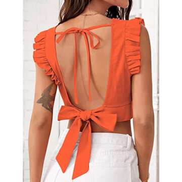 Women's Ruffle Sleeveless Tie Up Back Linen Crop Top Going Out Shirts Flowy Date Night Tops Brunch V...