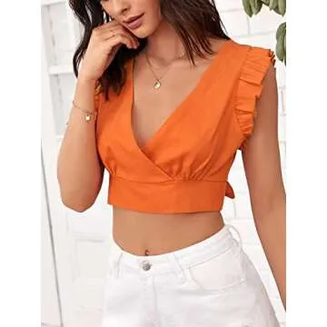 Women's Ruffle Sleeveless Tie Up Back Linen Crop Top Going Out Shirts Flowy Date Night Tops Brunch Vacation Outfits Orange L