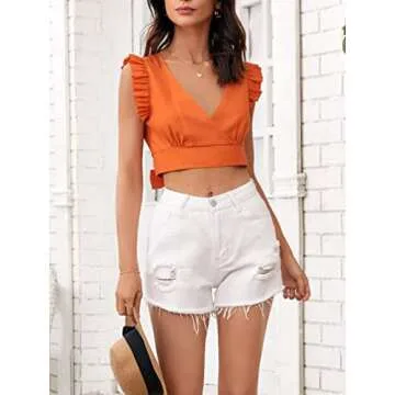 Women's Ruffle Sleeveless Tie Up Back Linen Crop Top Going Out Shirts Flowy Date Night Tops Brunch Vacation Outfits Orange L
