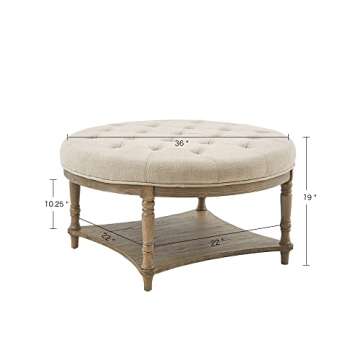 Martha Stewart Cedric Cocktail Ottoman-Round Button Tufted, Upholstered Coffee Table with Shelf for Living Room Foam Padded Footrest, Reclaimed Finished Solid Wood Legs, 36 x 19, Cream