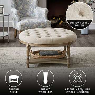 Martha Stewart Cedric Cocktail Ottoman-Round Button Tufted, Upholstered Coffee Table with Shelf for Living Room Foam Padded Footrest, Reclaimed Finished Solid Wood Legs, 36 x 19, Cream