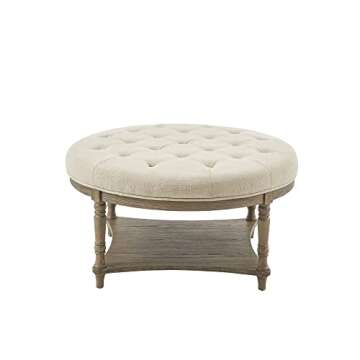 Martha Stewart Cedric Cocktail Ottoman-Round Button Tufted, Upholstered Coffee Table with Shelf for Living Room Foam Padded Footrest, Reclaimed Finished Solid Wood Legs, 36 x 19, Cream