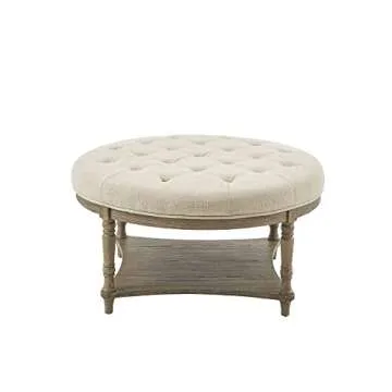Martha Stewart Cedric Cocktail Ottoman-Round Button Tufted, Upholstered Coffee Table with Shelf for Living Room Foam Padded Footrest, Reclaimed Finished Solid Wood Legs, 36 x 19, Cream