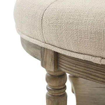 Martha Stewart Cedric Cocktail Ottoman-Round Button Tufted, Upholstered Coffee Table with Shelf for Living Room Foam Padded Footrest, Reclaimed Finished Solid Wood Legs, 36 x 19, Cream