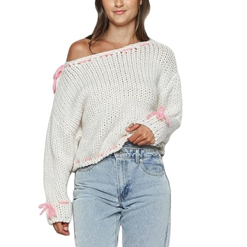 Women Cute Ribbon Lace Up Bow Knit Sweater Y2K Fairy Grunge Loose Fit Pullover Knitted Jumper Vintag...