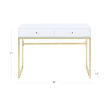 BELLEZE Modern 42 Inch Makeup Vanity Dressing Table or Home Office Computer Laptop Writing Desk with Two Storage Drawers, Wood Top, and Gold Metal Frame - Bronte (White)