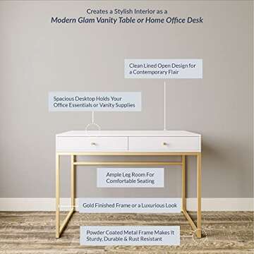 BELLEZE Modern 42 Inch Makeup Vanity Dressing Table or Home Office Computer Laptop Writing Desk with Two Storage Drawers, Wood Top, and Gold Metal Frame - Bronte (White)