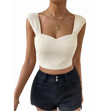 MakeMeChic Women's Waffle Knit Sleeveless Summer Tank Tops Sweetheart Neck Crop Top Casual Slim Fit ...