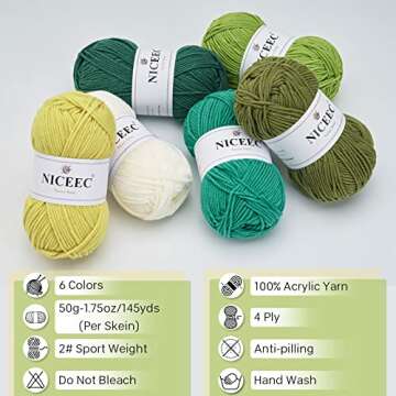 NICEEC 6×50g Soft Assorted Colors Yarn Sport Weight Yarn Bonbons Yarn for Crochet Knit 4 Ply Acrylic Yarn for DIY Project Starter Crochet Kit for Kids or Adults(6×145yds)-Green Series