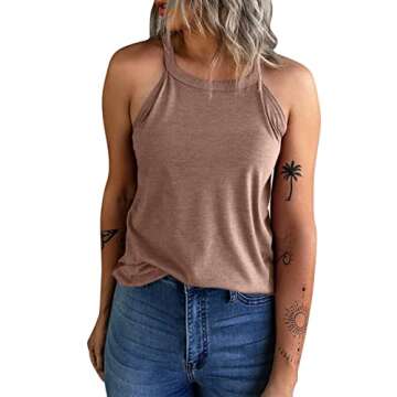 KINLONSAIR Women's Summer Sleeveless Halter Tee Shirts Crew Neck Workout Tank Tops Casual Plain Cami...