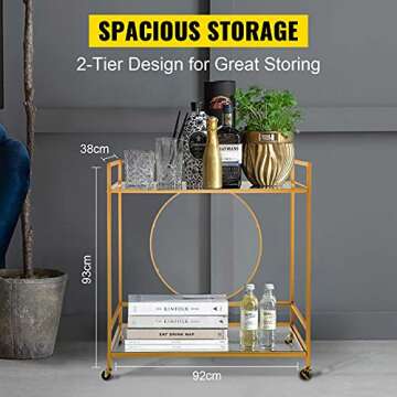 VEVOR Bar Cart, Two Tier Serving Cart, Gold Finish Wine Cart, Rolling Bar Cart, Antique Small Bar Cart, Gold Bar Cart with Wheels and Glass Holder for Kitchen, Club, Living Room, Bar (Rectangular)