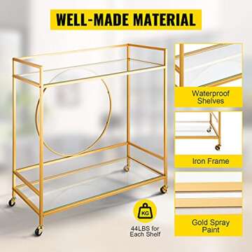 VEVOR Bar Cart, Two Tier Serving Cart, Gold Finish Wine Cart, Rolling Bar Cart, Antique Small Bar Cart, Gold Bar Cart with Wheels and Glass Holder for Kitchen, Club, Living Room, Bar (Rectangular)