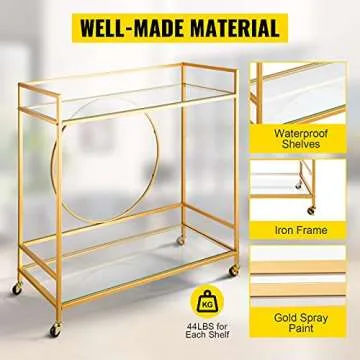 VEVOR Bar Cart Two Tier Gold Finish for Stylish Storage