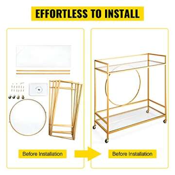 VEVOR Bar Cart, Two Tier Serving Cart, Gold Finish Wine Cart, Rolling Bar Cart, Antique Small Bar Cart, Gold Bar Cart with Wheels and Glass Holder for Kitchen, Club, Living Room, Bar (Rectangular)