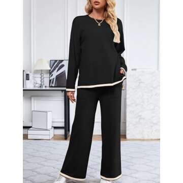 SuperPrity Lounge Sets for Women Long Sleeve Knit Two Piece Outfits Wide Leg Matching Sweater Set Sweaisuit Fall Fashion 2024-S,Black