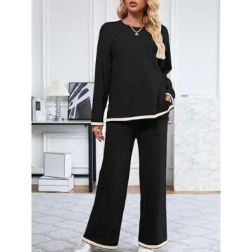 SuperPrity Lounge Sets for Women Long Sleeve Knit Two Piece Outfits Wide Leg Matching Sweater Set Sweaisuit Fall Fashion 2024-S,Black