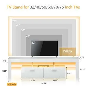 DMIDYLL Modern LED 63 inch TV Stand for 50 55 65 70 inch TV with LED Lights and Storage Drawers, LED Entertainment Center for Living Room, Bedroom, High Gloss White TV Console, Television Stands