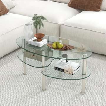 Tangkula Glass Coffee Table, Modern Furniture Decor 2-Tier Modern Oval Smooth Glass Tea Table End Ta...