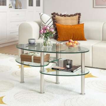 Tangkula Glass Coffee Table, Modern Furniture Decor 2-Tier Modern Oval Smooth Glass Tea Table End Table for Home Office with 2 Tier Tempered Glass Boards & Sturdy Chrome Plated Legs