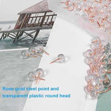 HAOTOOL 200PCS Push Pins, Premium Map Thumb Tacks, 1/3 Inch Transparent Plastic Round Head and Pins Rose Gold Steel Point for Cork Board, Fabric Marking, Photo Wall, Home, School and Office