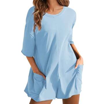 UANEO Rompers for Women Casual Oversized Athletic Jumpsuits Overalls Workout Hot Shot Tee Romper(LightBlue-S)